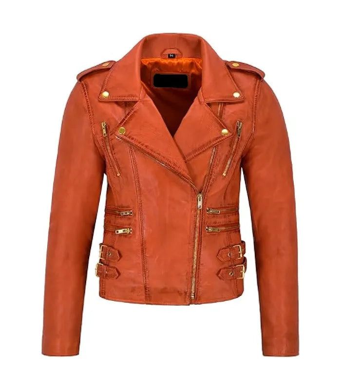 Front view of a Womens Vintage Orange Leather Biker Jacket featuring an asymmetrical main zipper closure, notch lapel collar with snap studs, upper chest vertical zip pockets, horizontal waist zip pockets, and dual side waist belt buckle straps.