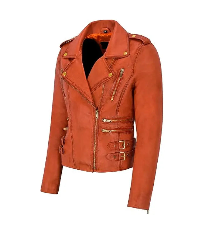 Three-quarter view of a Womens Vintage Orange Leather Biker Jacket displaying wide lapels, brass hardware accents, shoulder epaulets, and structured fitted waist paneling.