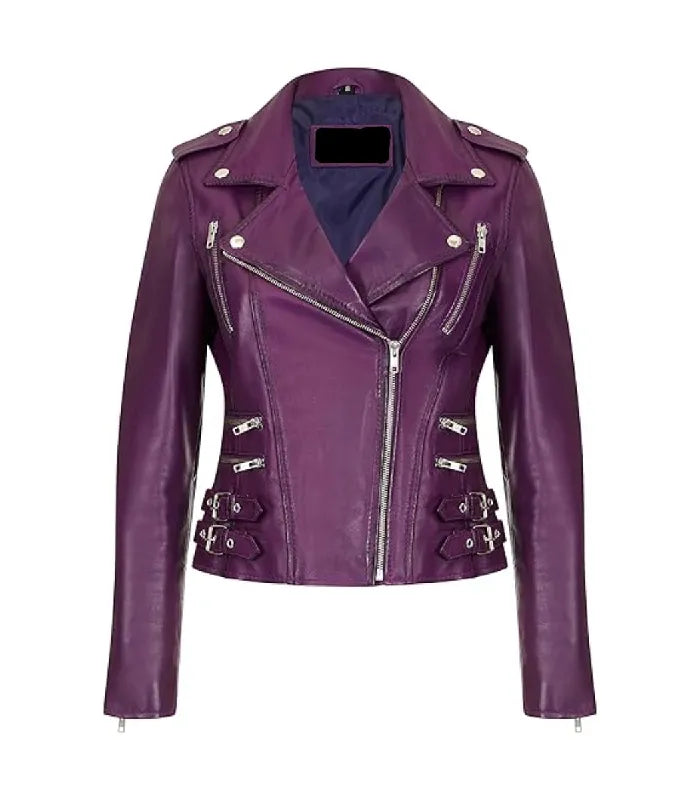 Front view of a Womens Vintage Purple Leather Biker Jacket featuring an asymmetrical main zipper closure, notch lapel collar with snap studs, upper chest vertical zip pockets, horizontal waist zip pockets, and dual side waist belt buckle straps.