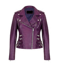 Front view of a Womens Vintage Purple Leather Biker Jacket featuring an asymmetrical main zipper closure, notch lapel collar with snap studs, upper chest vertical zip pockets, horizontal waist zip pockets, and dual side waist belt buckle straps.