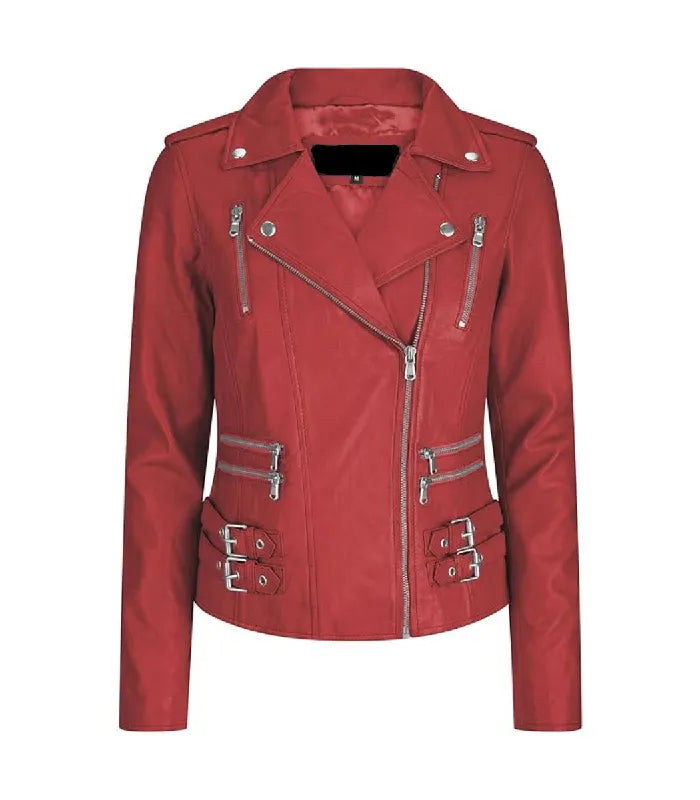 Front view of a Womens Vintage Red Leather Biker Jacket featuring an asymmetrical main zipper closure, notch lapel collar with snap studs, upper chest vertical zip pockets, horizontal waist zip pockets, and dual side waist belt buckle straps.
