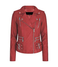 Front view of a Womens Vintage Red Leather Biker Jacket featuring an asymmetrical main zipper closure, notch lapel collar with snap studs, upper chest vertical zip pockets, horizontal waist zip pockets, and dual side waist belt buckle straps.