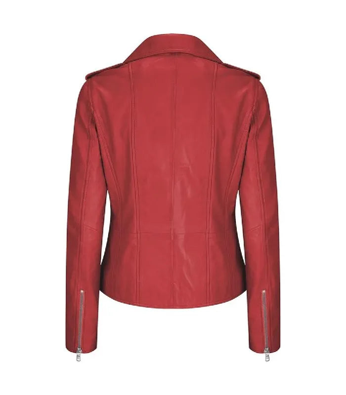 Rear view of a Womens Vintage Red Leather Biker Jacket displaying vertical back seam paneling, a classic wide collar, shoulder epaulets, and silver zippered wrist cuffs.