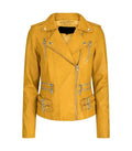 Front view of a Womens Vintage Yellow Leather Biker Jacket featuring an asymmetrical main zipper closure, notch lapel collar with snap studs, upper chest vertical zip pockets, horizontal waist zip pockets, and dual side waist belt buckle straps.