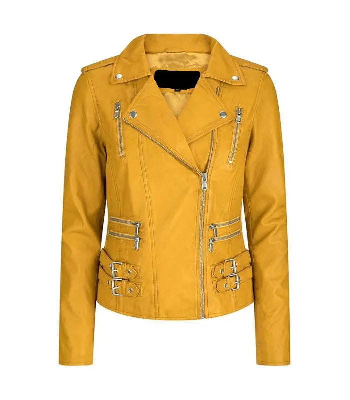 Front view of a Womens Vintage Yellow Leather Biker Jacket featuring an asymmetrical main zipper closure, notch lapel collar with snap studs, upper chest vertical zip pockets, horizontal waist zip pockets, and dual side waist belt buckle straps.