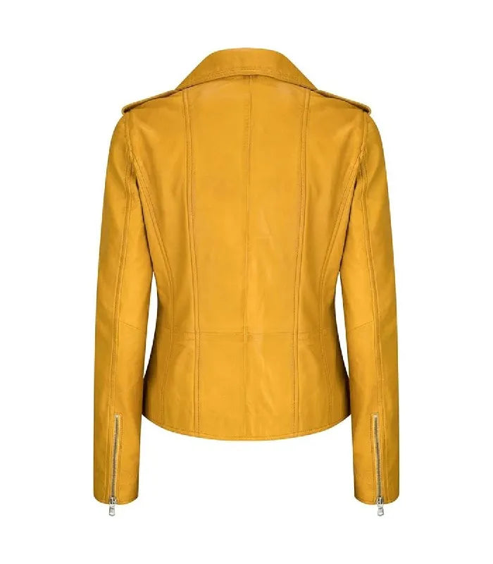 Rear view of a Womens Vintage Yellow Leather Biker Jacket displaying vertical back seam paneling, a classic wide collar, shoulder epaulets, and silver zippered wrist cuffs.