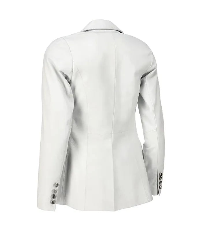 Rear angle view of a Womens Double Breasted White Leather Blazer showing tailored seam structuring and metallic button cuffs.