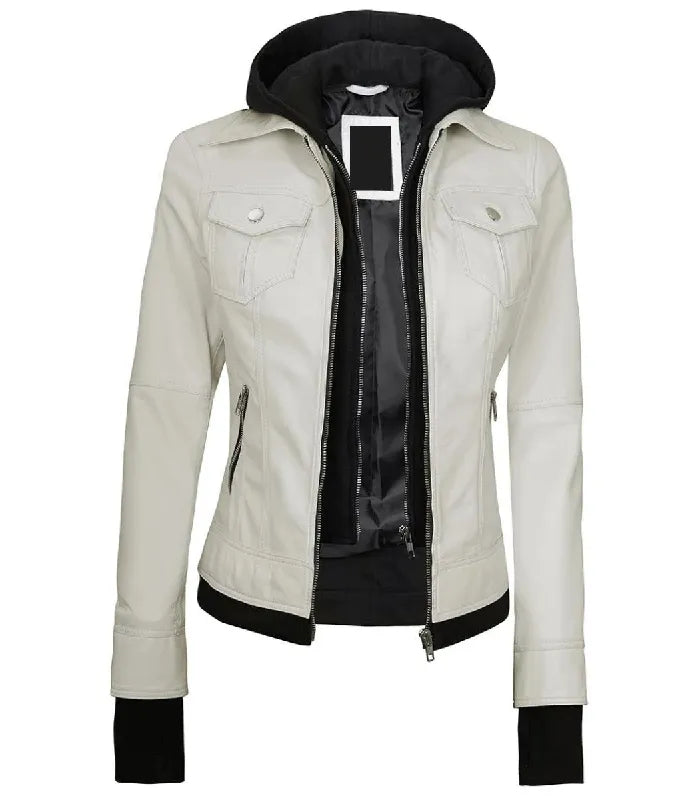 Front open view of a women's white hooded leather bomber jacket featuring a detachable black fabric hood, inner double zipper layer, and extended black cuffs.