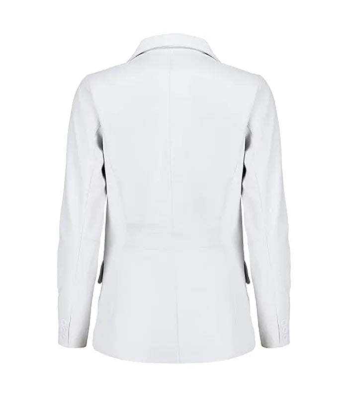 A white long-sleeve blazer shown from the back, photographed on a clean white background.