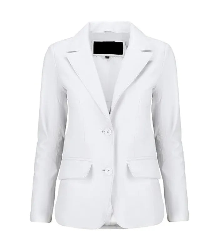 Front view of a Womens White Leather Blazer featuring notch lapels, two-button closure, and tailored side flap pockets.