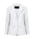 Front view of a Womens White Leather Blazer featuring notch lapels, two-button closure, and tailored side flap pockets.