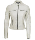 Straight front view of women's white leather cafe racer jacket zipped closed with horizontal chest pockets.