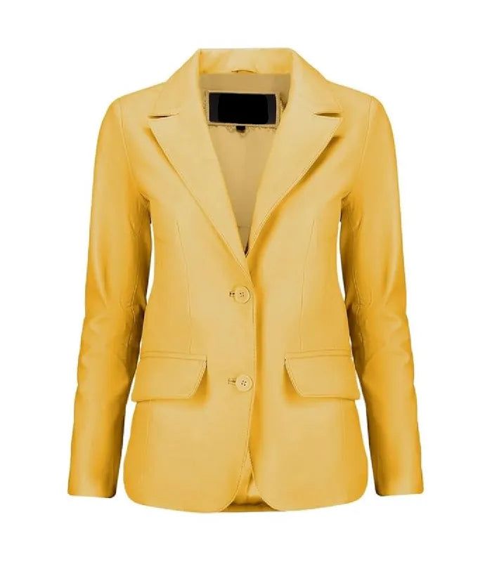Front view of a women's yellow leather blazer featuring notch lapels, a two-button front closure, and waist flap pockets.