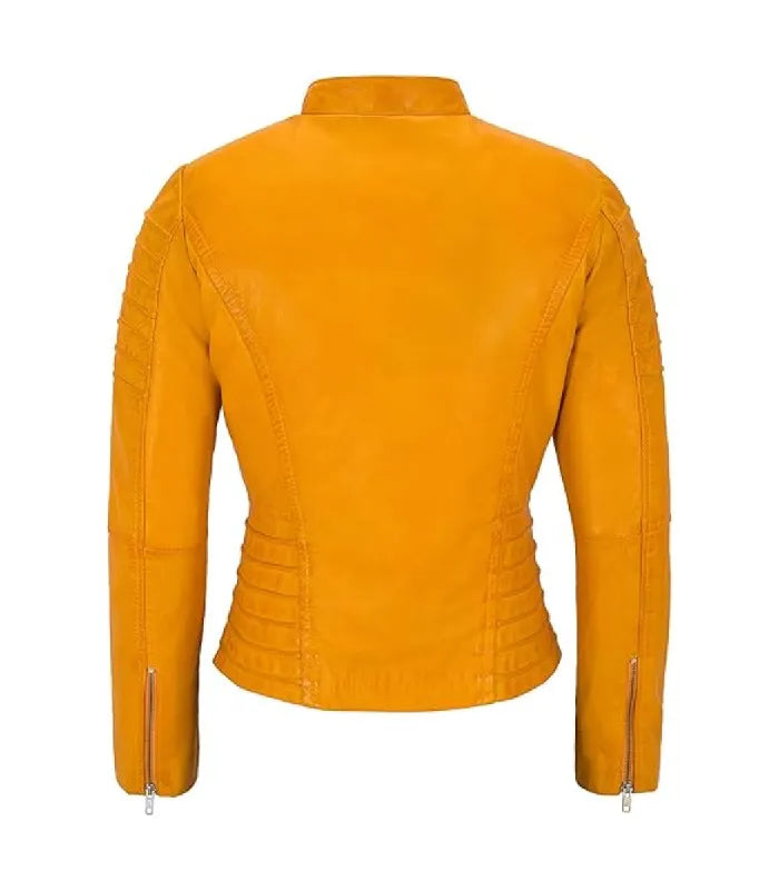 Rear view of a Women's Yellow Quilted Leather Biker Jacket displaying structured seam paneling, quilted side waist accents, and zippered sleeve cuffs.