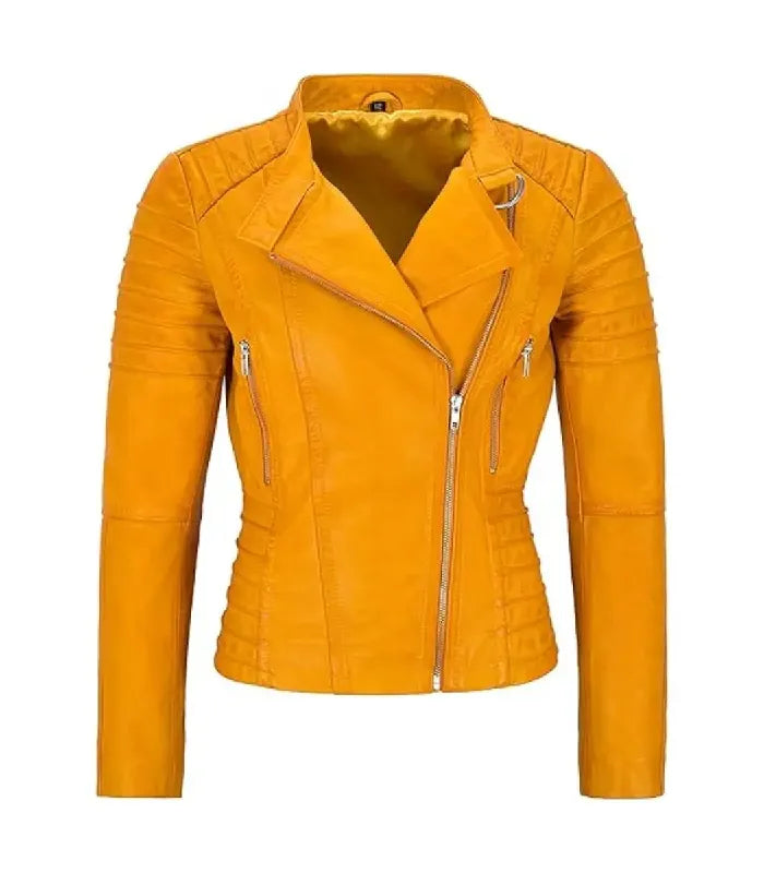 Front view of a Women's Yellow Quilted Leather Biker Jacket featuring an asymmetrical zipper closure, snap collar, quilted shoulders, and zip side pockets.