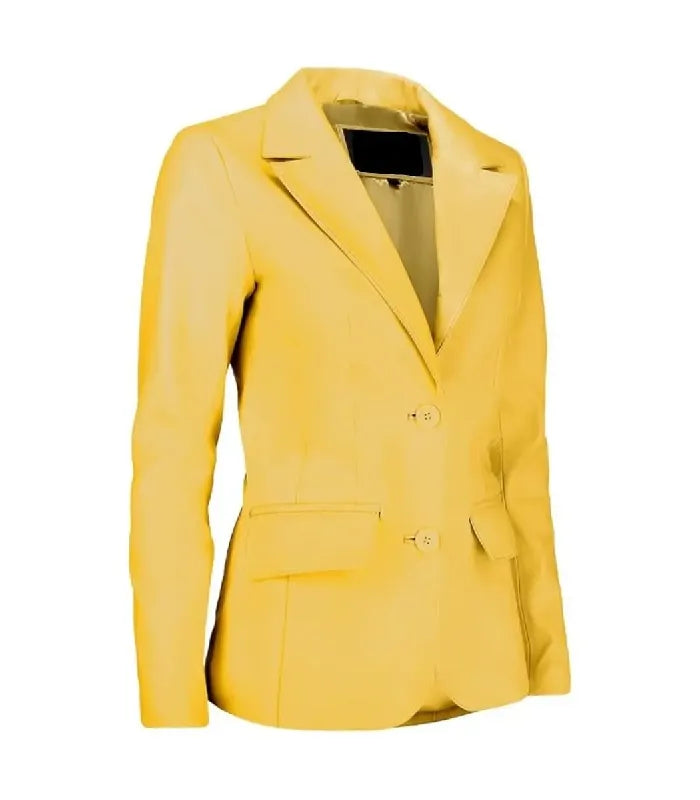 Three-quarter angle view of a women's yellow leather blazer showing a structured slim fit, notch collar, and flap side pockets.