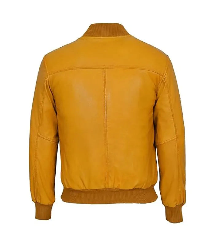 Back view of a yellow leather bomber jacket featuring clean shoulder yoke seam, vertical central back stitch, and ribbed collar.
