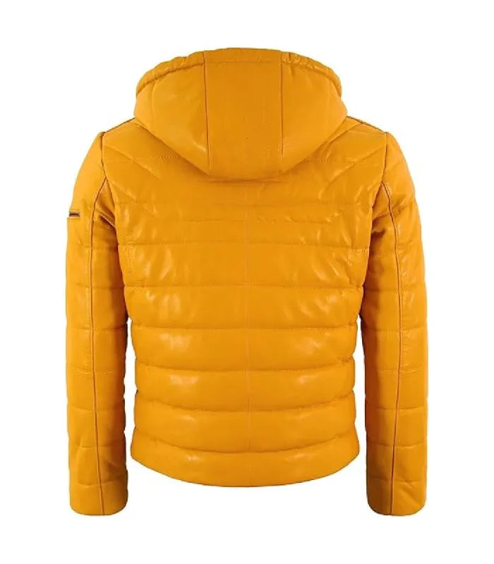 Rear view of a Yellow Hooded Leather Puffer Jacket displaying clean horizontal quilted leather paneling, full-coverage fitted hood, and structured waist finish.