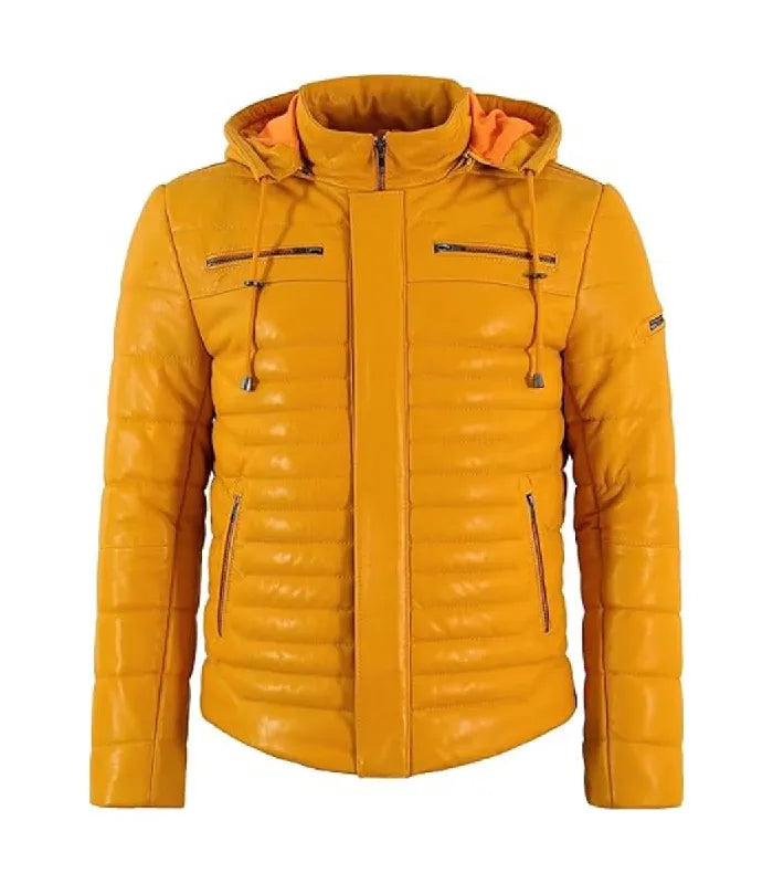 Front view of a Yellow Hooded Leather Puffer Jacket showing a fully zipped front closure with a protective wind placket, high stand collar, fitted hood, dual zipper chest pockets, and horizontal quilted baffles.