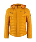Front view of a Yellow Hooded Leather Puffer Jacket showing a fully zipped front closure with a protective wind placket, high stand collar, fitted hood, dual zipper chest pockets, and horizontal quilted baffles.