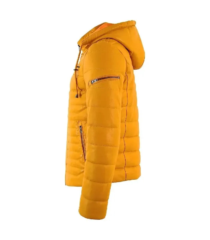 Profile side view of a Yellow Hooded Leather Puffer Jacket showcasing quilted sleeve construction, upper arm zippered sleeve pocket, profile of the leather hood, and side waist zip pocket.