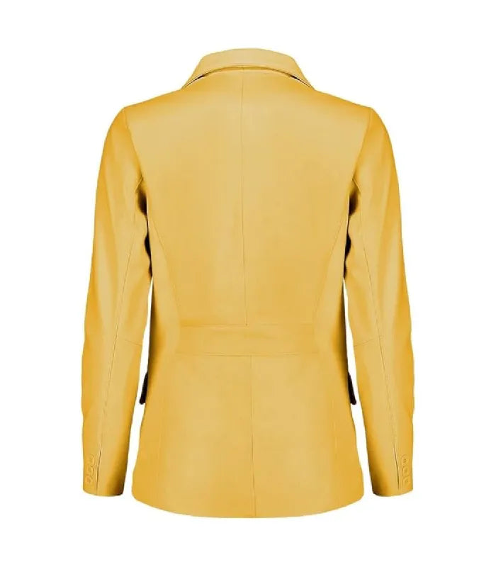 A yellow blazer shown from the back, featuring a structured collar, long sleeves, and a central seam down the back, set against a plain white background.