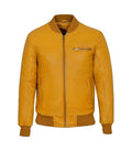 Direct front view of a yellow leather bomber jacket with horizontal chest zip pocket, main zipper closure, and ribbed hem.