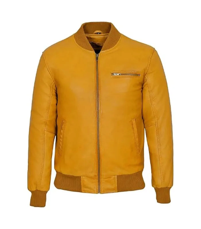 Direct front view of a yellow leather bomber jacket with horizontal chest zip pocket, main zipper closure, and ribbed hem.