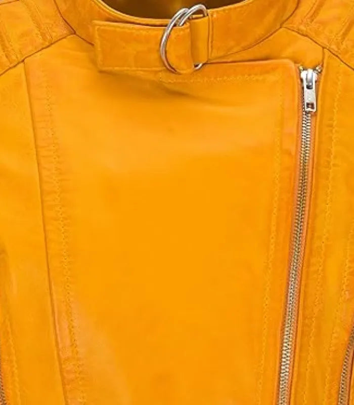 Close-up view of the stand-up collar with a buckled throat latch ring on a Women's Yellow Quilted Leather Biker Jacket.