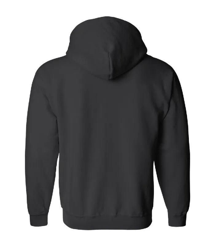 Rear view of Black Zip Up Hoodie featuring a clean fleece back panel, attached hood, long sleeves, and fitted ribbed waist hemline.