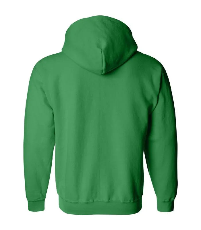 Rear view of green zipper hoodie featuring a clean fleece back panel, attached hood, long sleeves, and fitted ribbed waist hemline.