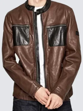 A stylish black and brown Cafe Racer Jacket with a vintage leather look.