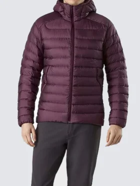 Front view of a stylish Burgundy Hooded Down Jacket with a warm zip-up design.