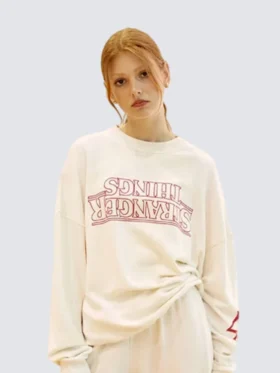 A front view of the PacSun Upside Down Crew Sweatshirt featuring Stranger Things graphics.